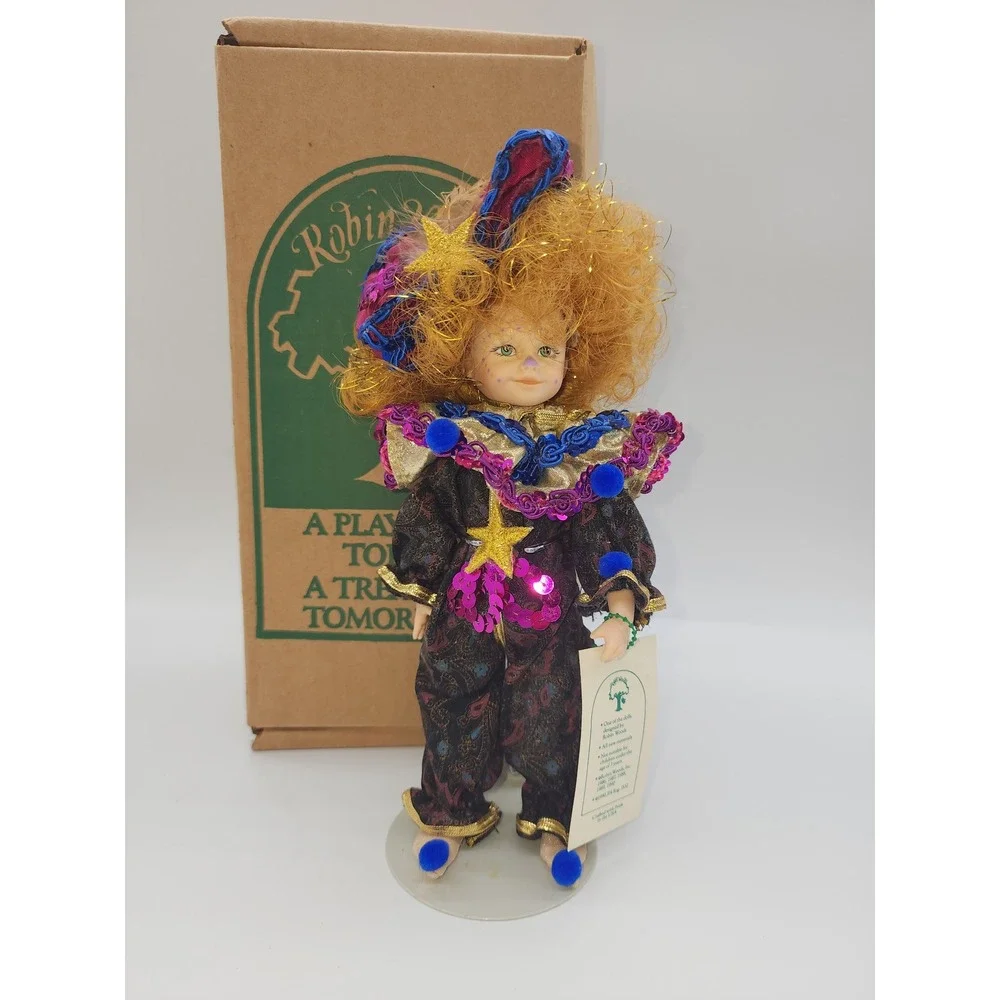 Robin Woods 1990 Collectible Clown Jester Doll 9 inch Vintage with Box and Tag